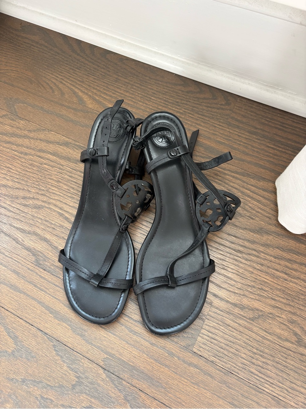 Tory Burch Black Leather Logo Medallion Slingback Wedge Sandals